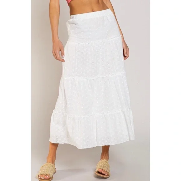 POL White Embroidered Eyelet Tiered Mid Skirt - Picture 2 of 8